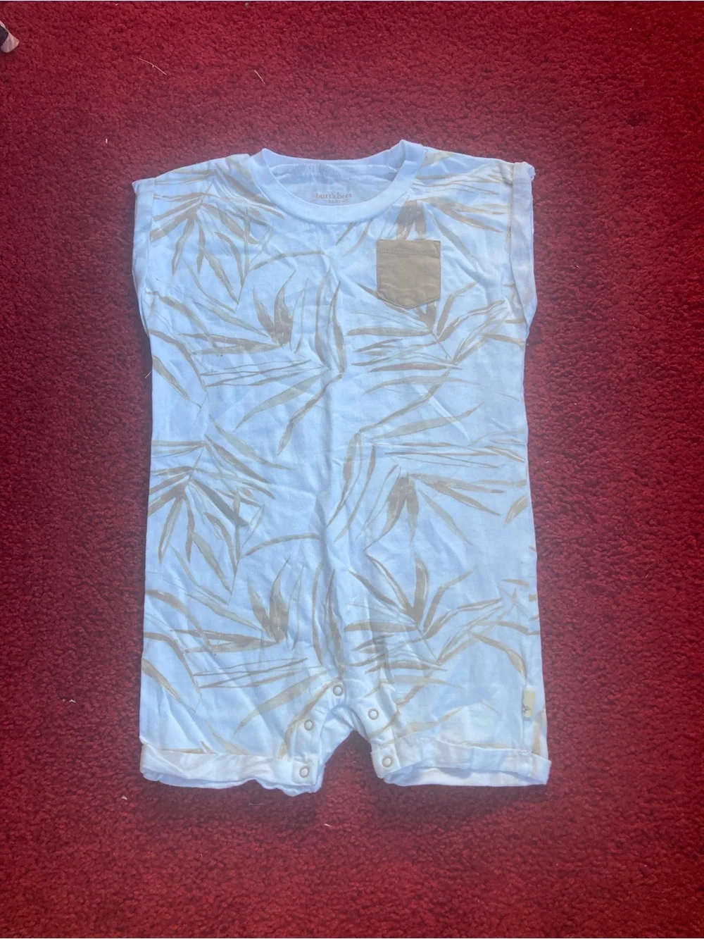 Burt's Bees Baby White Romper with Tan Leaf Print Organic Cotton Size 24M
